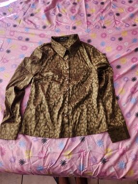 SHEIN Olive Brown Leopard Satin Button-Up Blouse